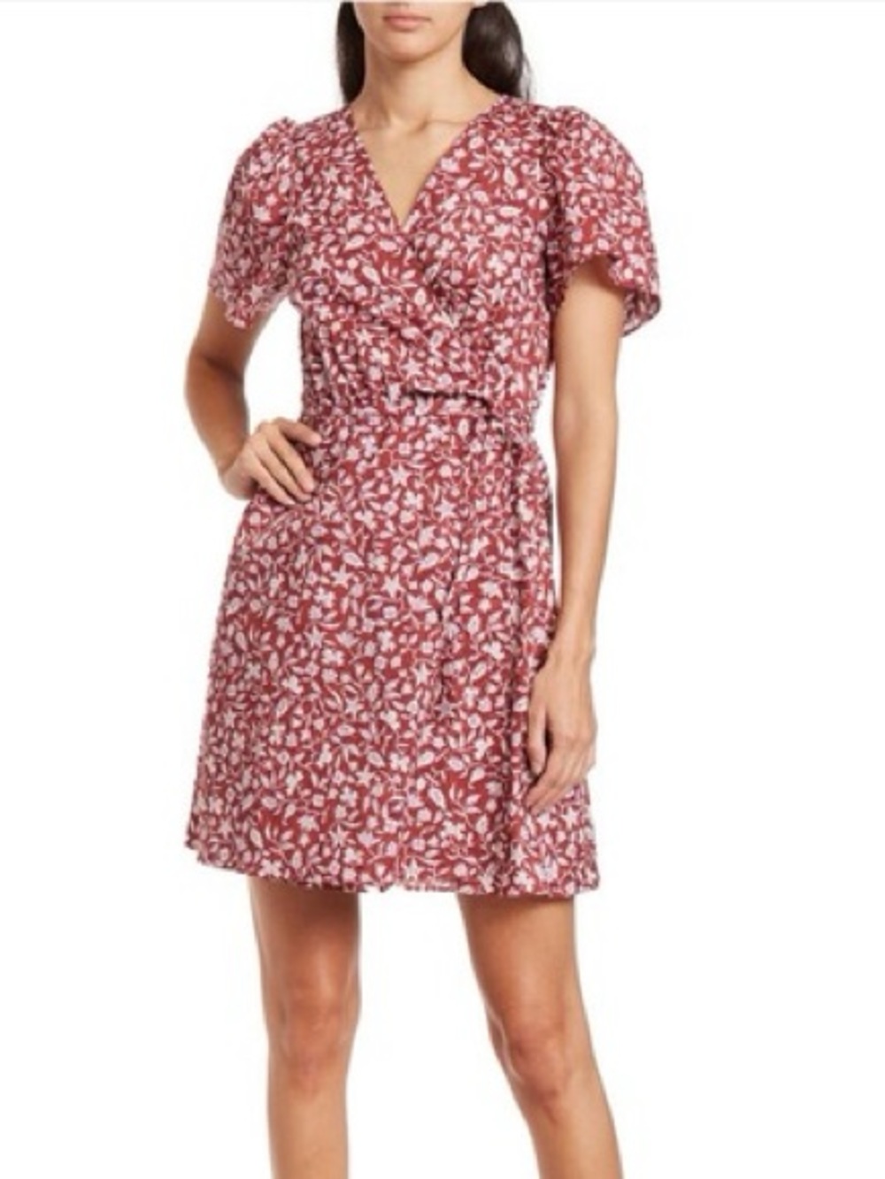 Madewell Maroon White Ditsy Floral Wrap Mini Dress Spring Summer Cottagecore Sm
